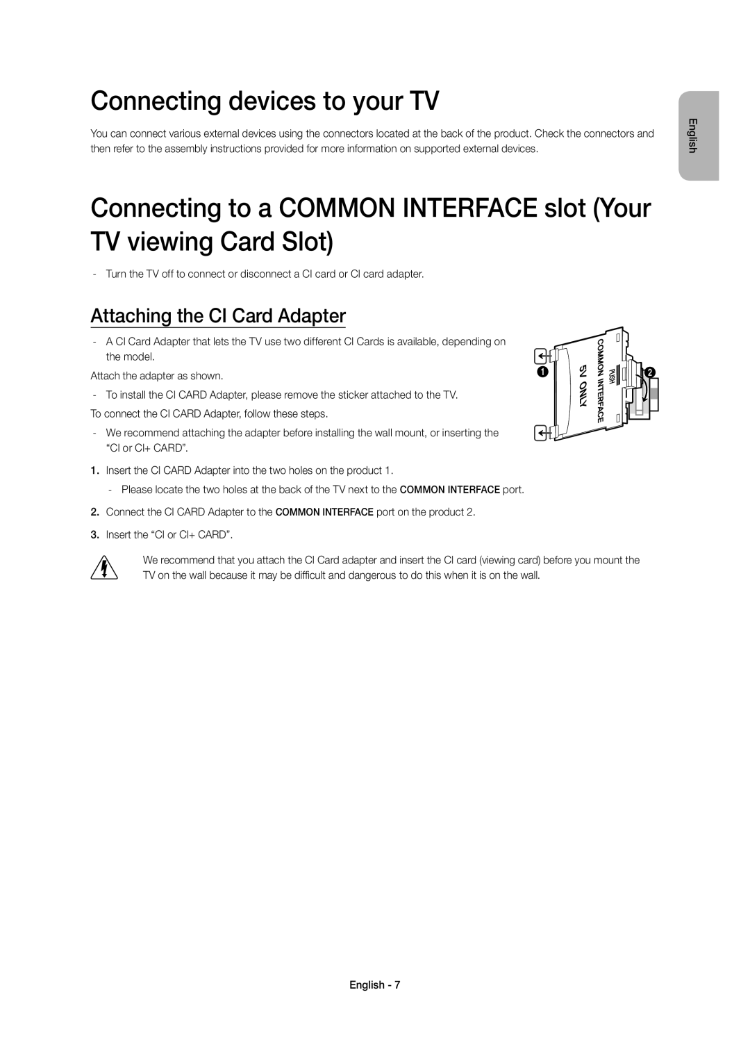 Samsung UE55H6620SVXZG, UE40H6620SVXZG, UE55H6740SVXZG manual Connecting devices to your TV, Attaching the CI Card Adapter 