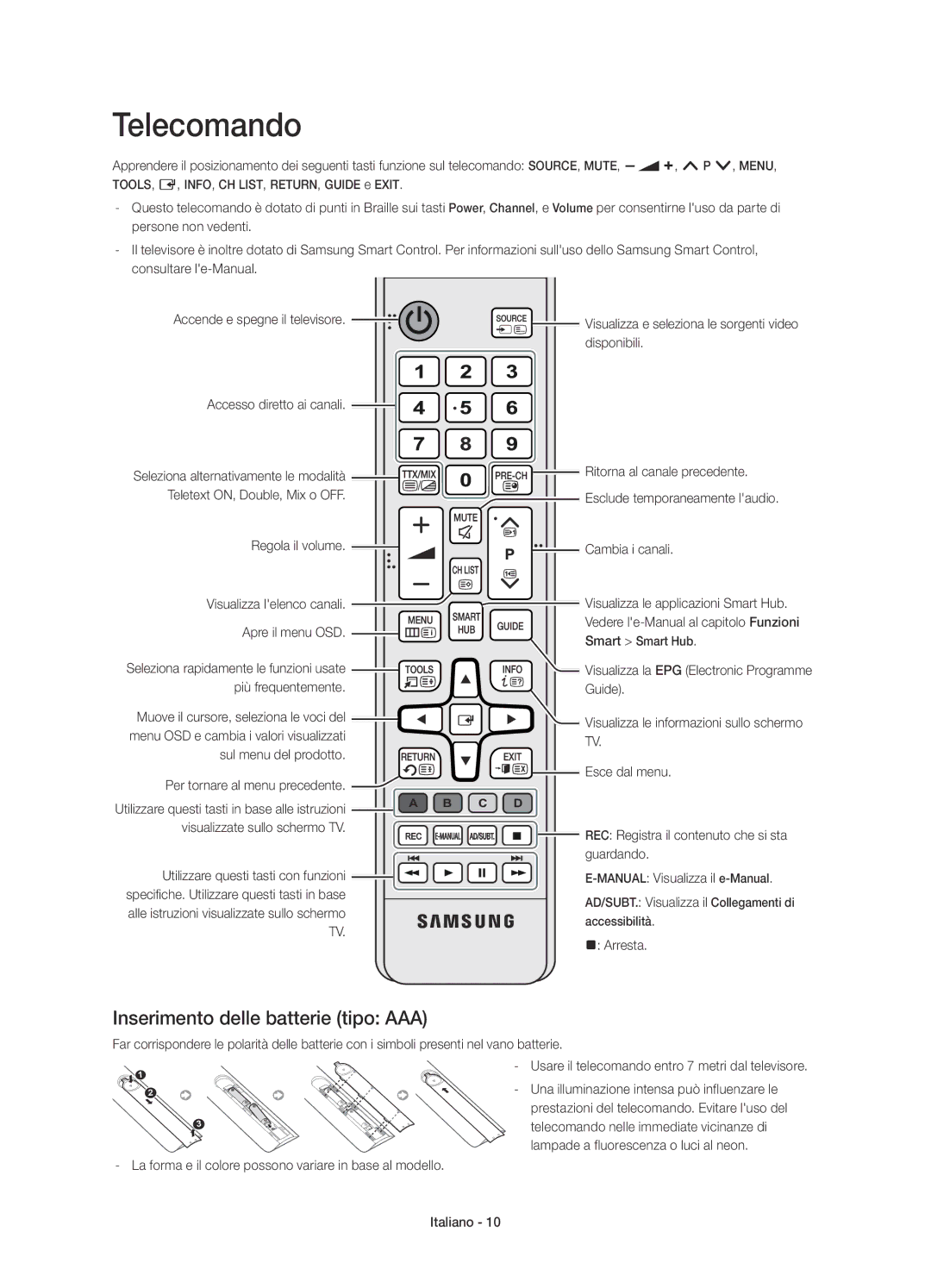 Samsung UE55H6740SVXZG, UE40H6620SVXZG, UE55H6750SVXZG, UE48H6740SVXZG manual Telecomando, Inserimento delle batterie tipo AAA 