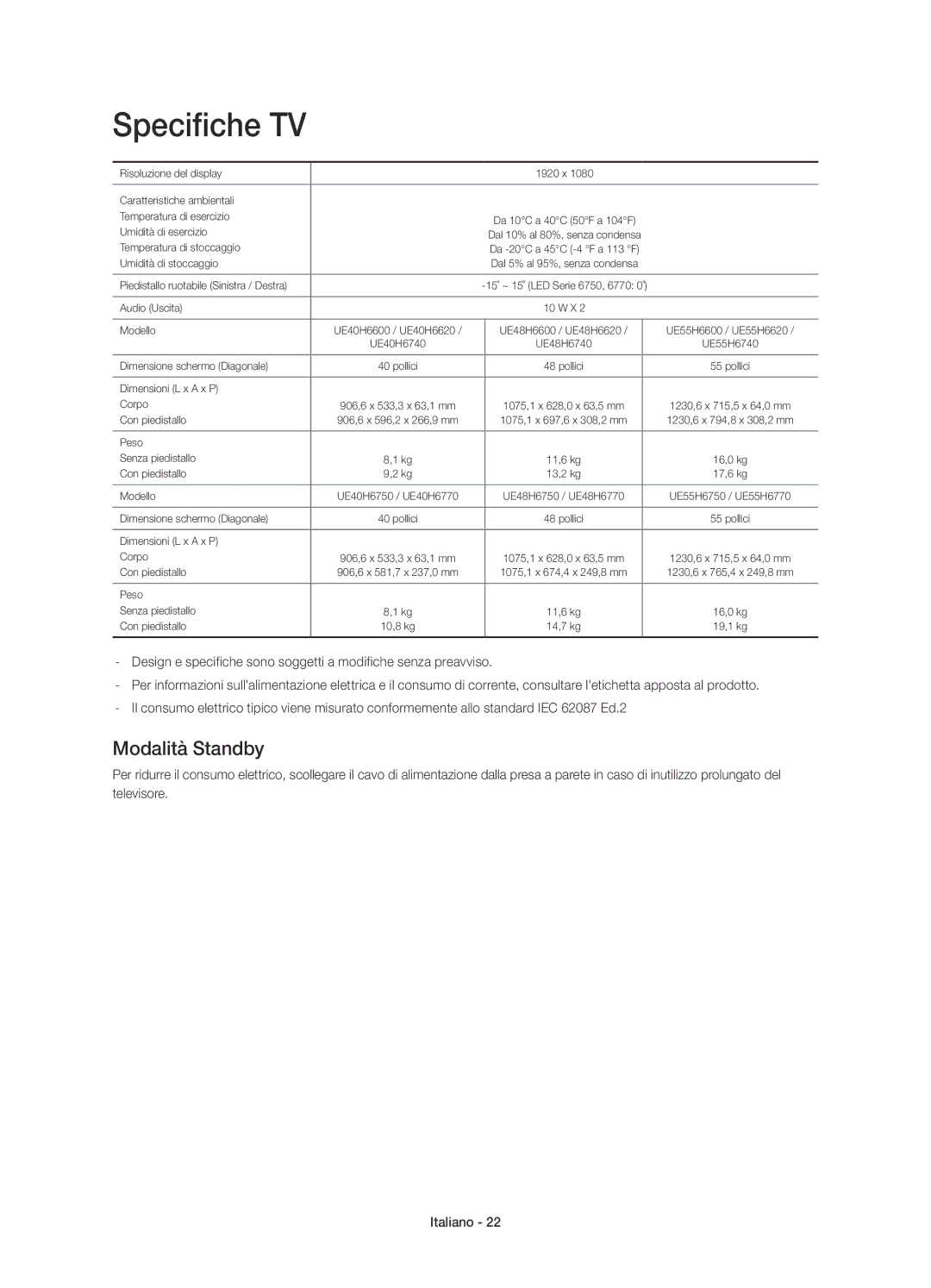 Samsung UE40H6740SVXZG, UE40H6620SVXZG, UE55H6740SVXZG, UE55H6750SVXZG, UE48H6740SVXZG manual Specifiche TV, Modalità Standby 