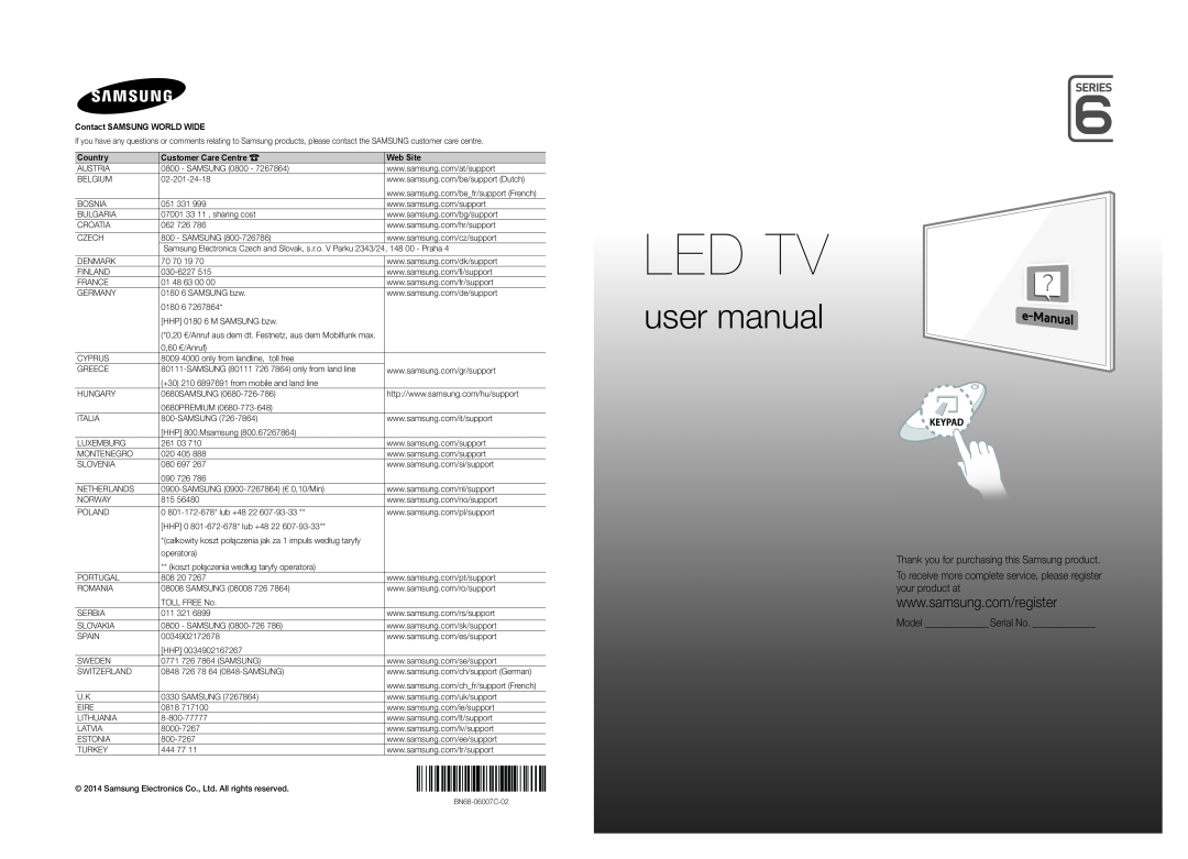 Samsung UE55H6740SVXZG manual Thank you for purchasing this Samsung product, Model Serial No, Led Tv, user manual, Country 