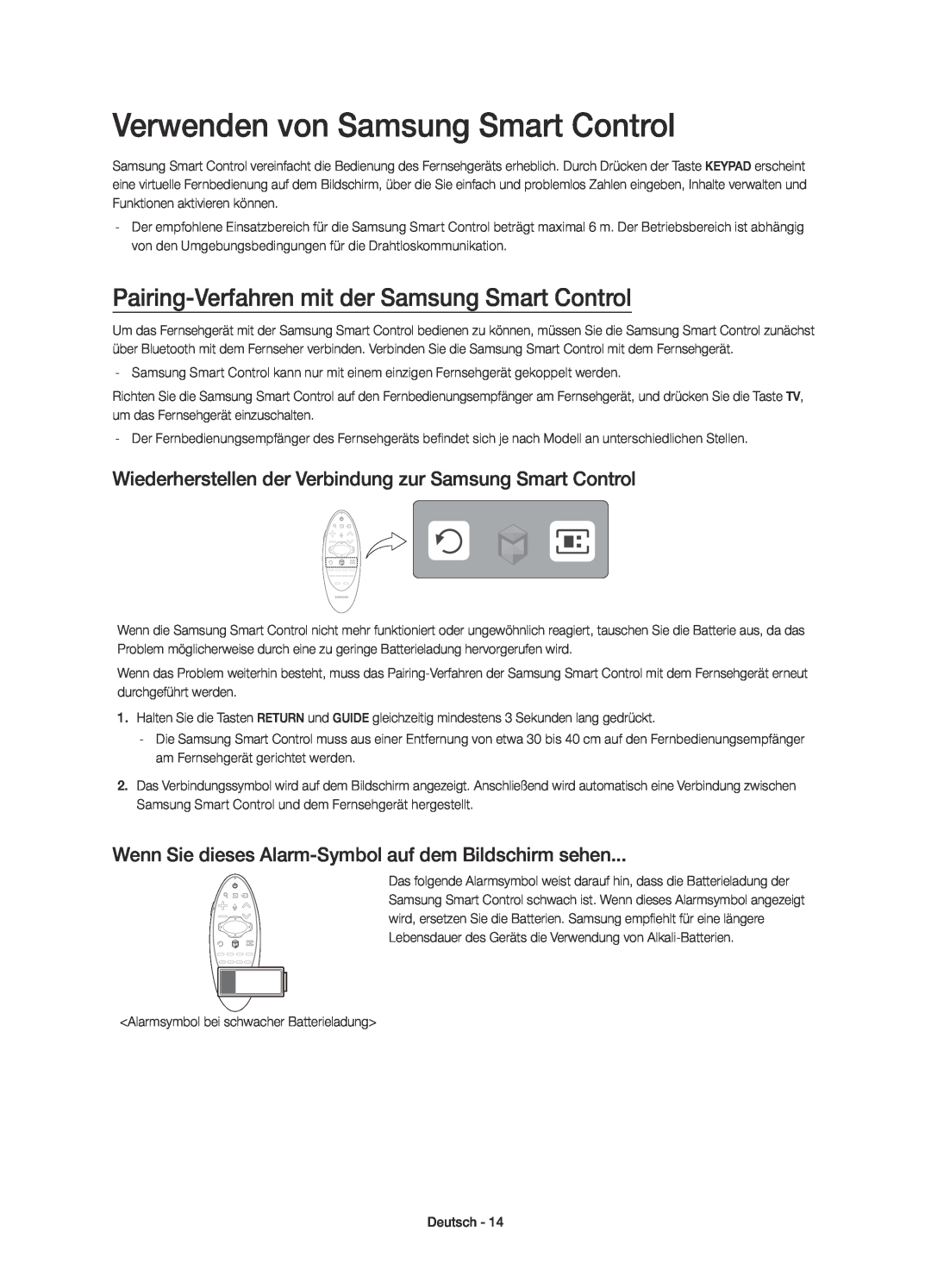 Samsung UE48H6770SVXZG manual Verwenden von Samsung Smart Control, Pairing-Verfahren mit der Samsung Smart Control 