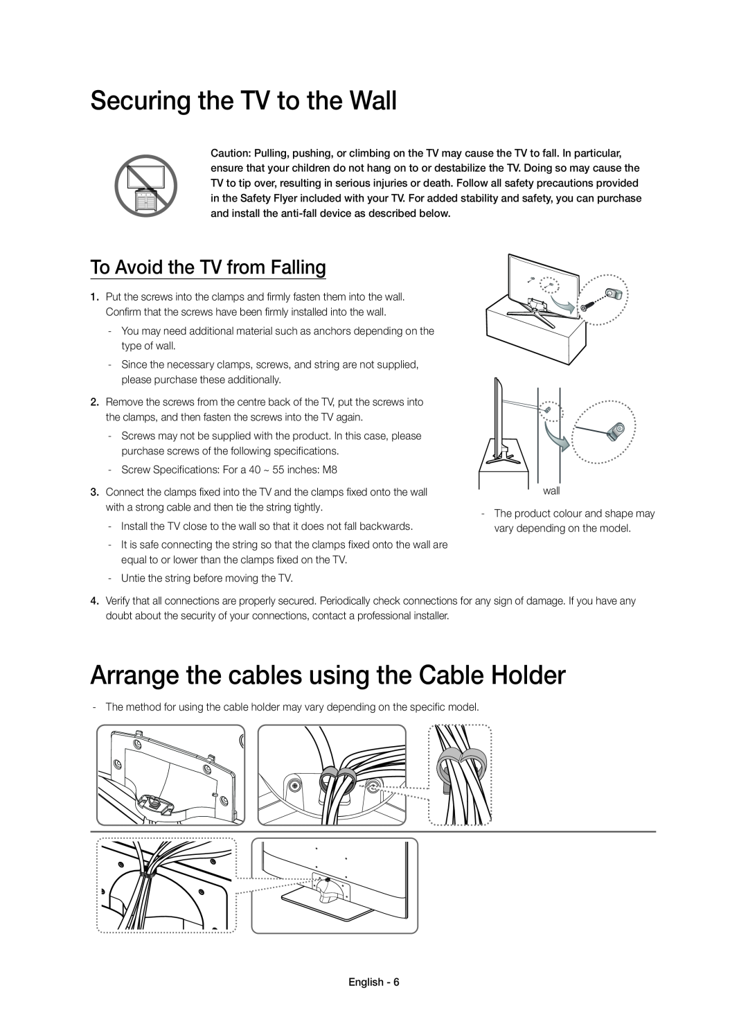 Samsung UE48H6770SVXZG, UE40H6620SVXZG manual Securing the TV to the Wall, Arrange the cables using the Cable Holder 