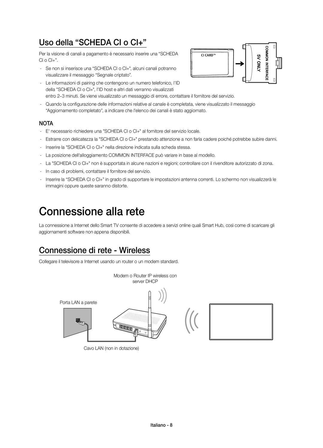 Samsung UE48H6750SVXZG manual Connessione alla rete, Uso della “SCHEDA CI o CI+”, Connessione di rete - Wireless, Nota 