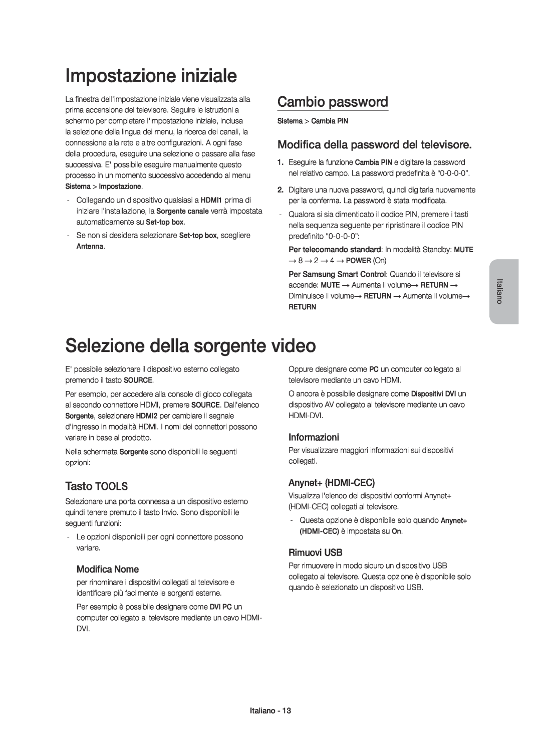 Samsung UE48H6600SVXZG Impostazione iniziale, Selezione della sorgente video, Cambio password, Tasto TOOLS, Informazioni 