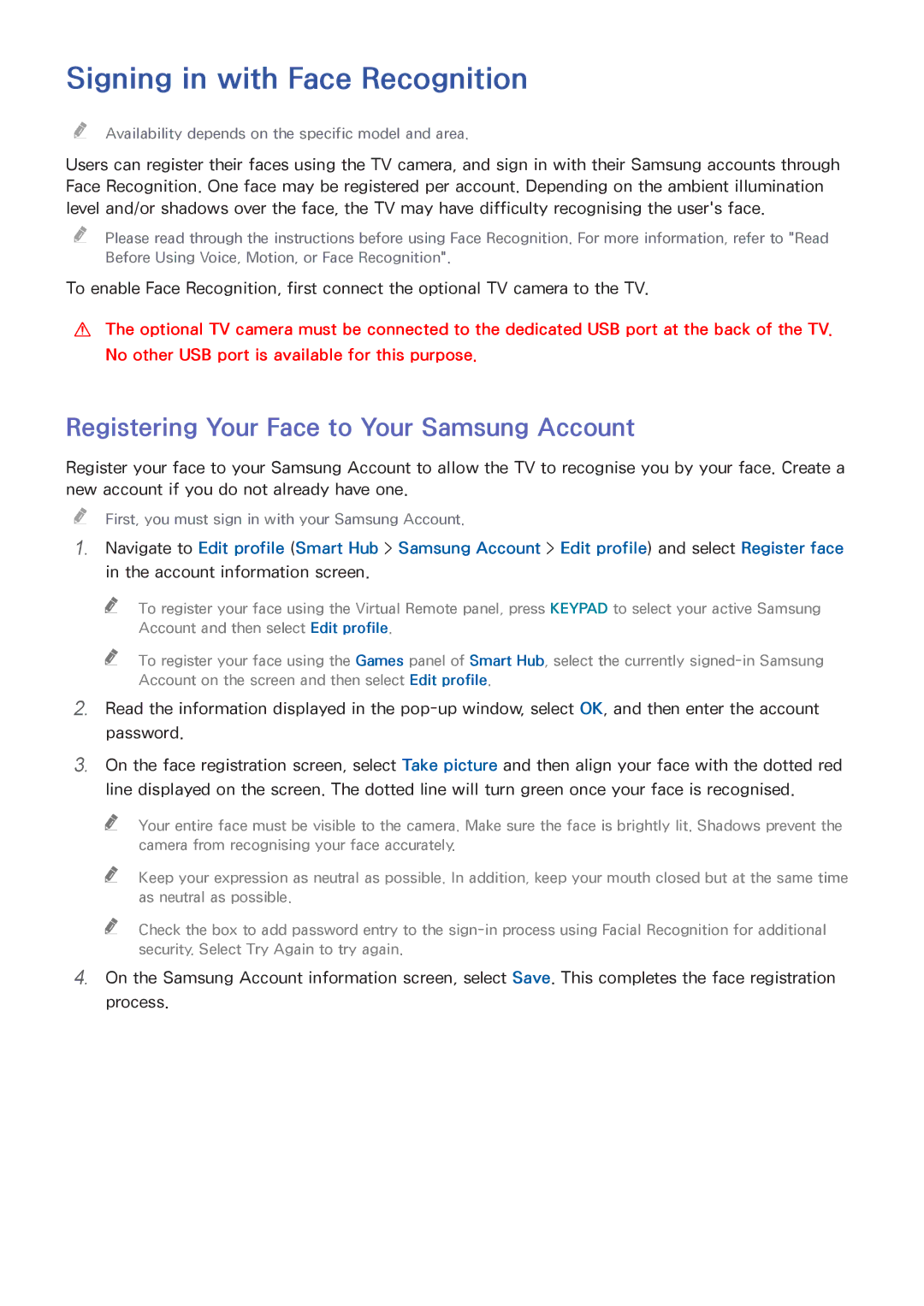 Samsung UE40H6740SVXZG, UE40H6620SVXZG Signing in with Face Recognition, Registering Your Face to Your Samsung Account 