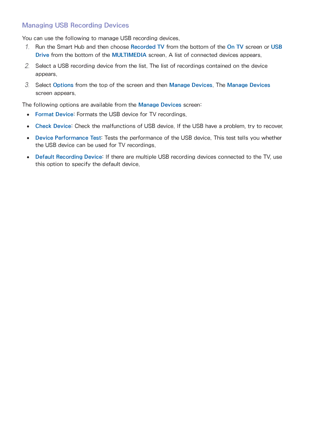 Samsung UE55H7005SQXXE, UE40H6620SVXZG, UE55H6740SVXZG, UE55H6750SVXZG, UE55H7090SVXZG manual Managing USB Recording Devices 
