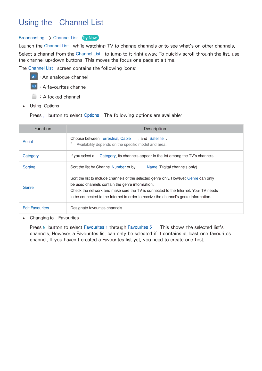 Samsung UE40H6770SVXZG Using the Channel List, Broadcasting Channel List Try Now, Using Options, Changing to Favourites 