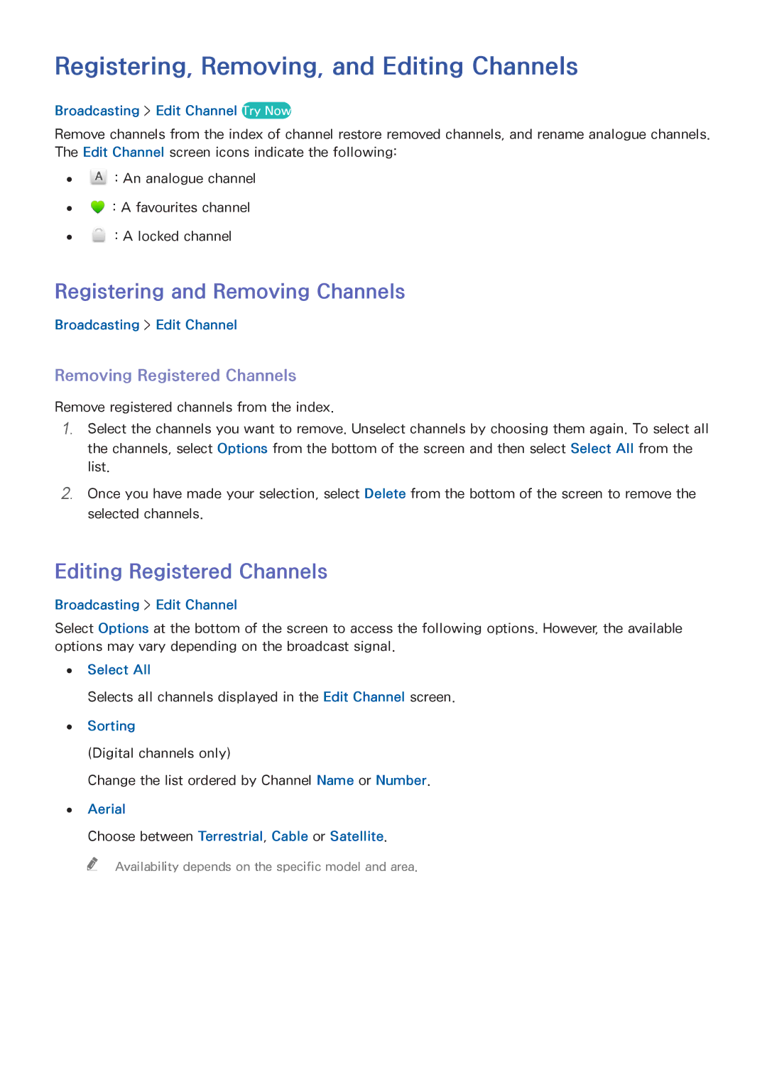 Samsung UE48H6590SVXZG, UE40H6620SVXZG manual Registering, Removing, and Editing Channels, Registering and Removing Channels 