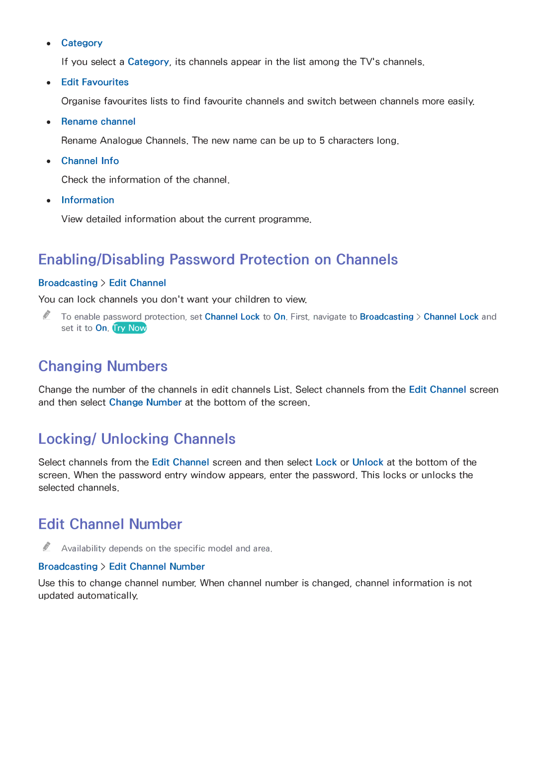 Samsung UE48H6690SVXZG Enabling/Disabling Password Protection on Channels, Changing Numbers, Locking/ Unlocking Channels 