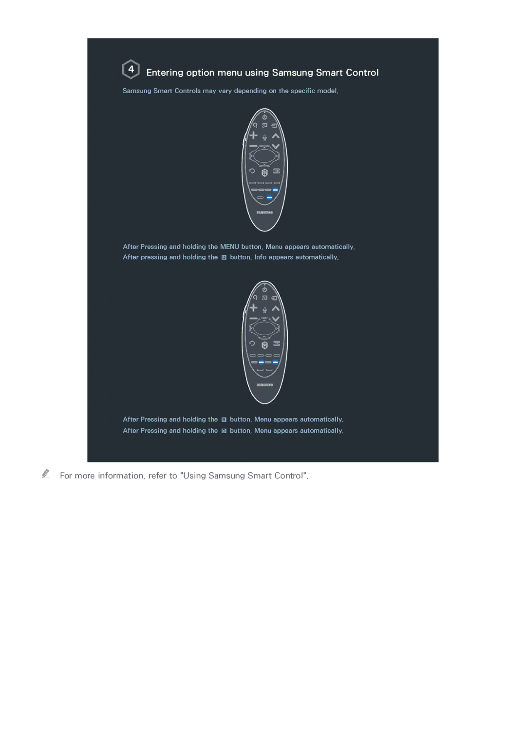 Samsung UE46H7080SVXZG, UE40H6620SVXZG, UE55H6740SVXZG, UE55H6750SVXZG manual Entering option menu using Samsung Smart Control 