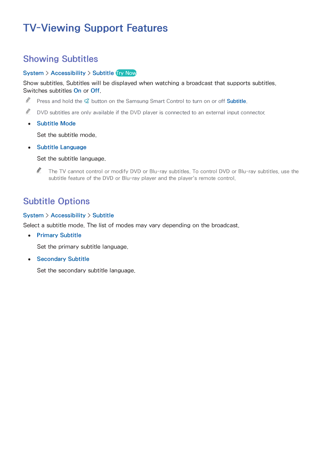 Samsung UE48H6620SVXZG, UE40H6620SVXZG, UE55H6740SVXZG TV-Viewing Support Features, Showing Subtitles, Subtitle Options 