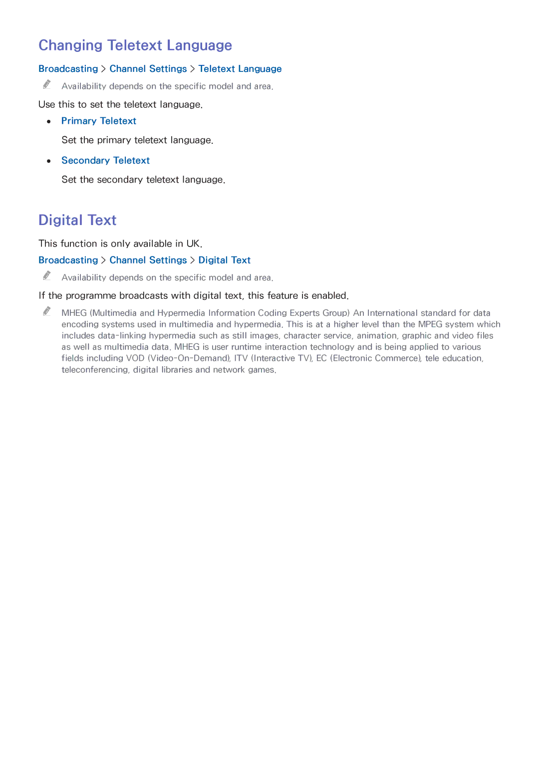 Samsung UE55H6770SVXZG, UE40H6620SVXZG, UE55H6740SVXZG, UE55H6750SVXZG manual Changing Teletext Language, Digital Text 