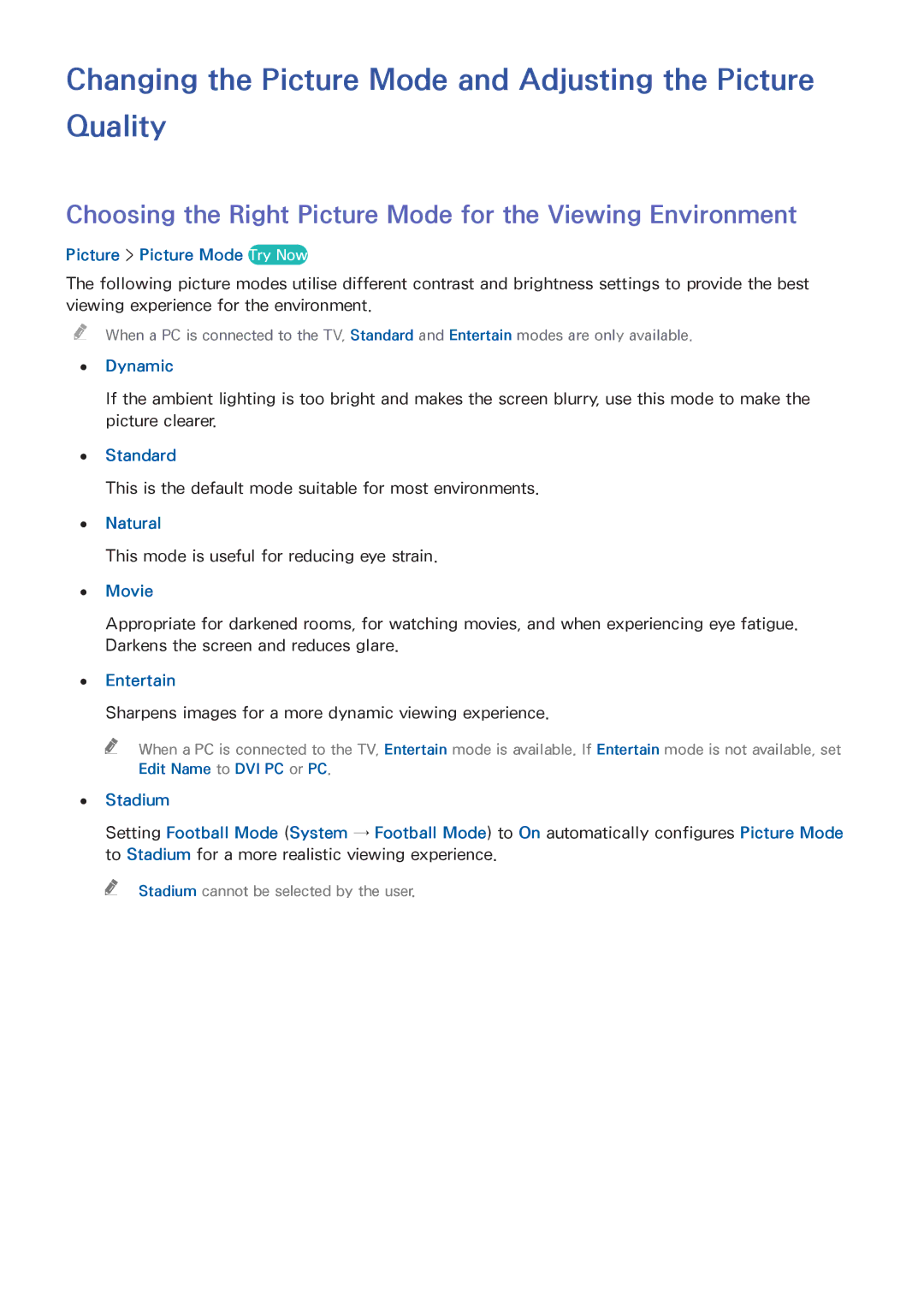 Samsung UE60H7005SQXXE, UE40H6620SVXZG, UE55H6740SVXZG manual Changing the Picture Mode and Adjusting the Picture Quality 