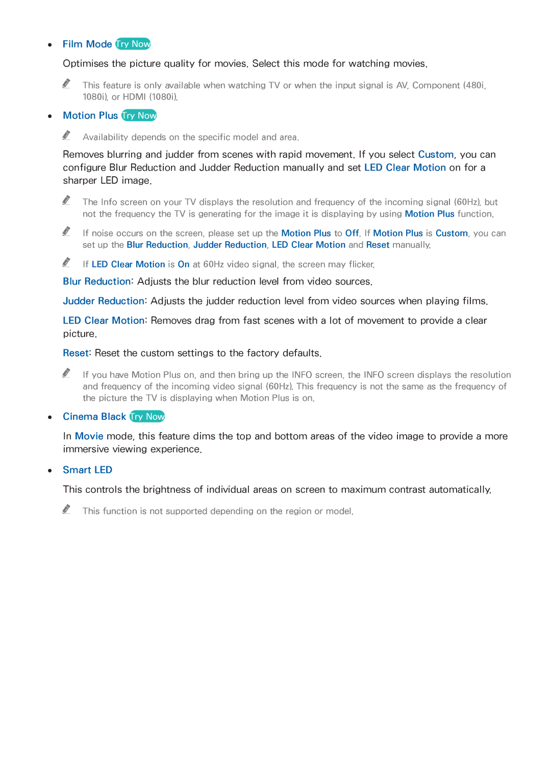 Samsung UE48H6740SVXZG, UE40H6620SVXZG manual Film Mode Try Now, Motion Plus Try Now, Cinema Black Try Now, Smart LED 