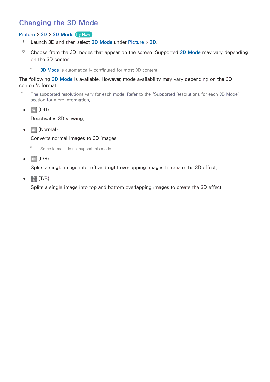 Samsung UE46H7090SVXZG, UE40H6620SVXZG, UE55H6740SVXZG, UE55H6750SVXZG manual Changing the 3D Mode, Picture 3D 3D Mode Try Now 