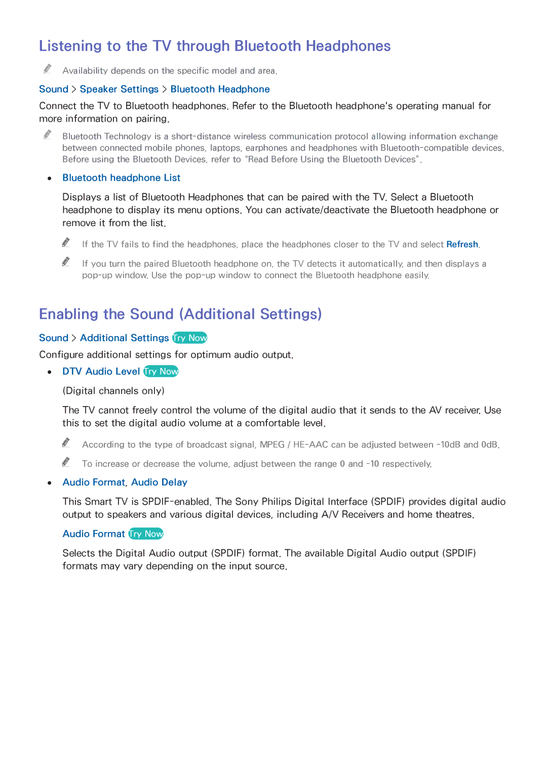 Samsung UE55H6690SVXZG manual Listening to the TV through Bluetooth Headphones, Enabling the Sound Additional Settings 