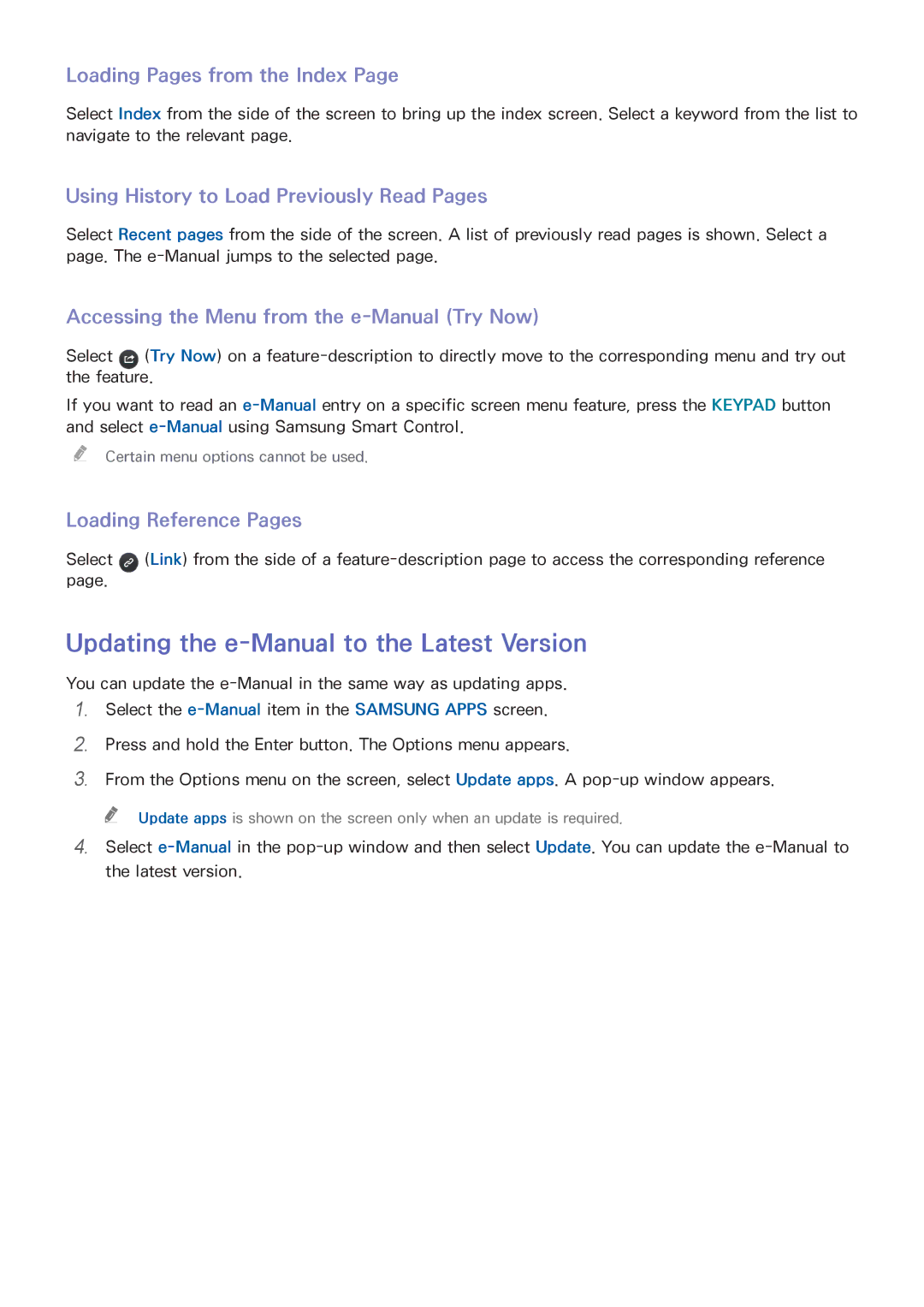 Samsung UE40H6590SVXZG Updating the e-Manual to the Latest Version, Loading Pages from the Index, Loading Reference Pages 