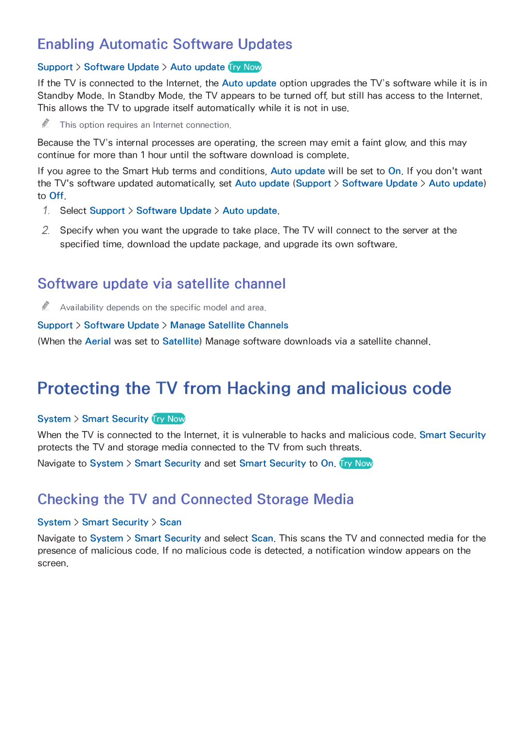 Samsung UE48H6750SVXZG manual Protecting the TV from Hacking and malicious code, Enabling Automatic Software Updates 