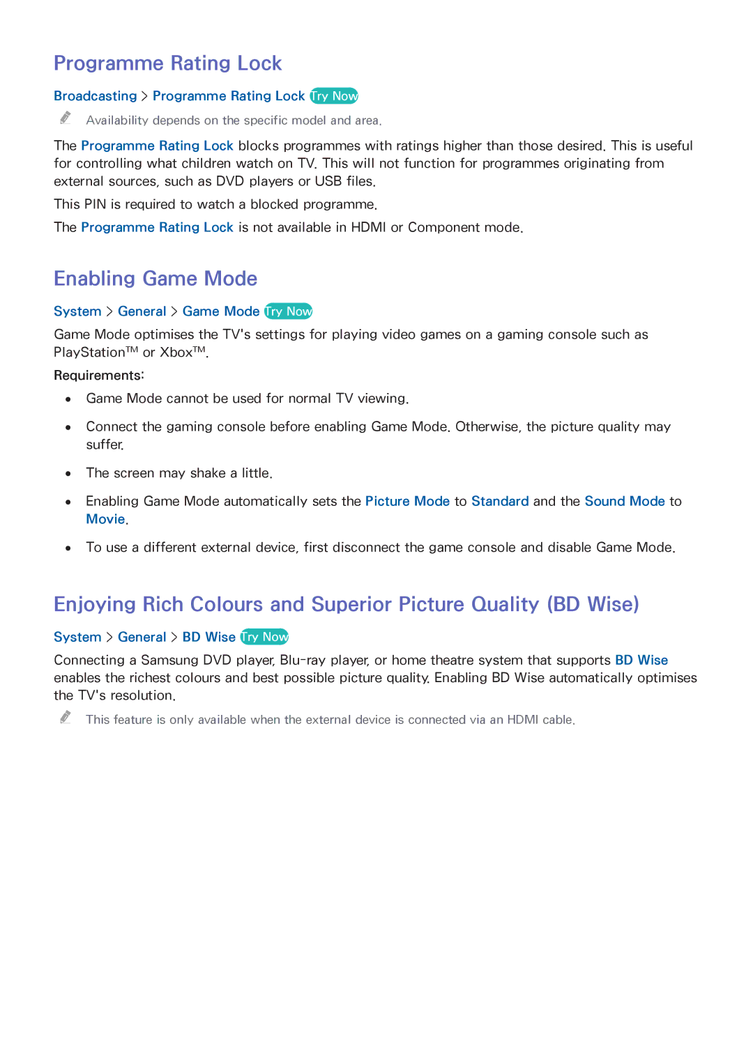 Samsung UE40H6620SVXZG, UE55H6740SVXZG, UE55H6750SVXZG, UE55H7090SVXZG manual Programme Rating Lock, Enabling Game Mode 