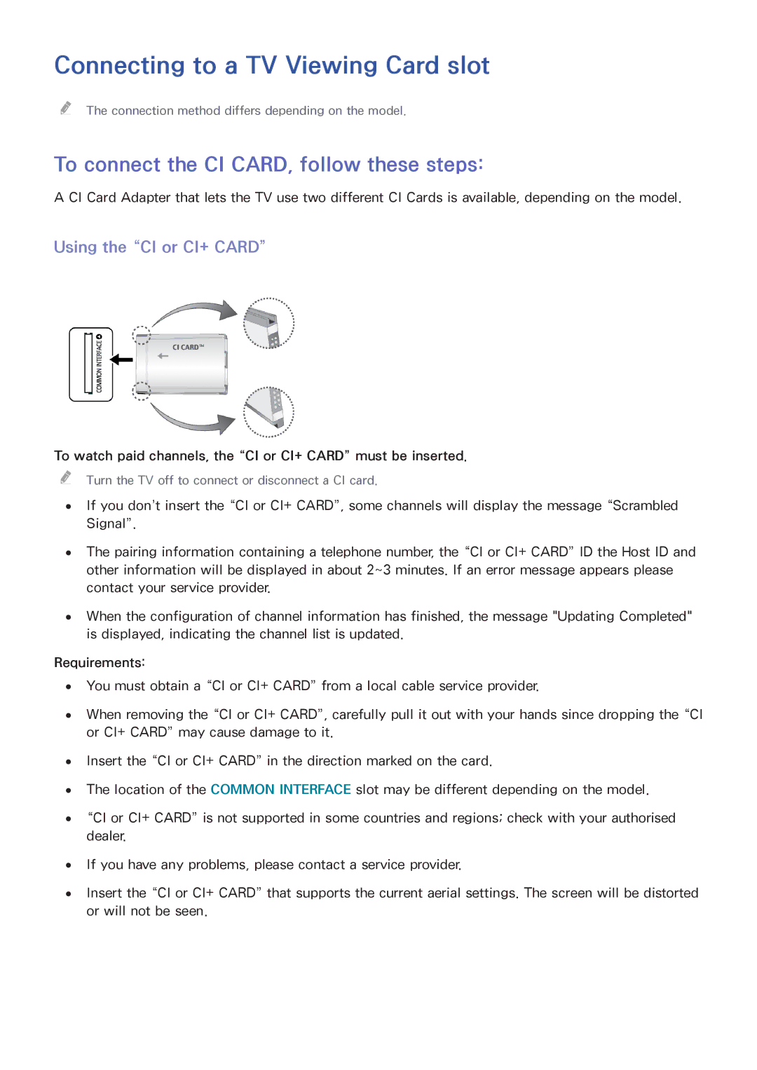 Samsung UE46H7090SVXZG, UE40H6620SVXZG Connecting to a TV Viewing Card slot, To connect the CI CARD, follow these steps 