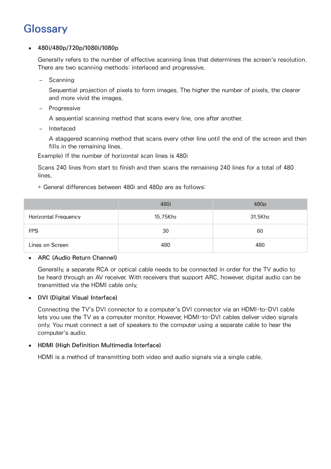 Samsung UE40H6740SVXZG manual Glossary, 480i/480p/720p/1080i/1080p, ARC Audio Return Channel, DVI Digital Visual Interface 