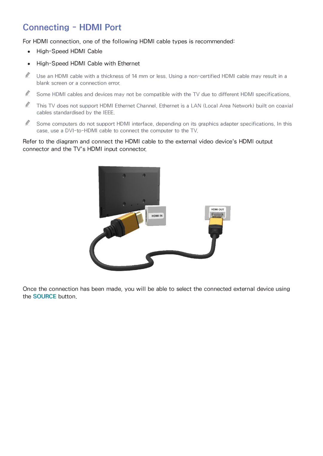 Samsung UE60H7005SQXXE, UE40H6620SVXZG, UE55H6740SVXZG, UE55H6750SVXZG, UE55H7090SVXZG, UE48H6740SVXZG Connecting Hdmi Port 