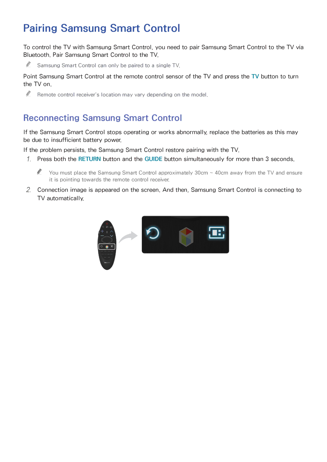 Samsung UE40H6770SVXZG, UE40H6620SVXZG, UE55H6740SVXZG Pairing Samsung Smart Control, Reconnecting Samsung Smart Control 