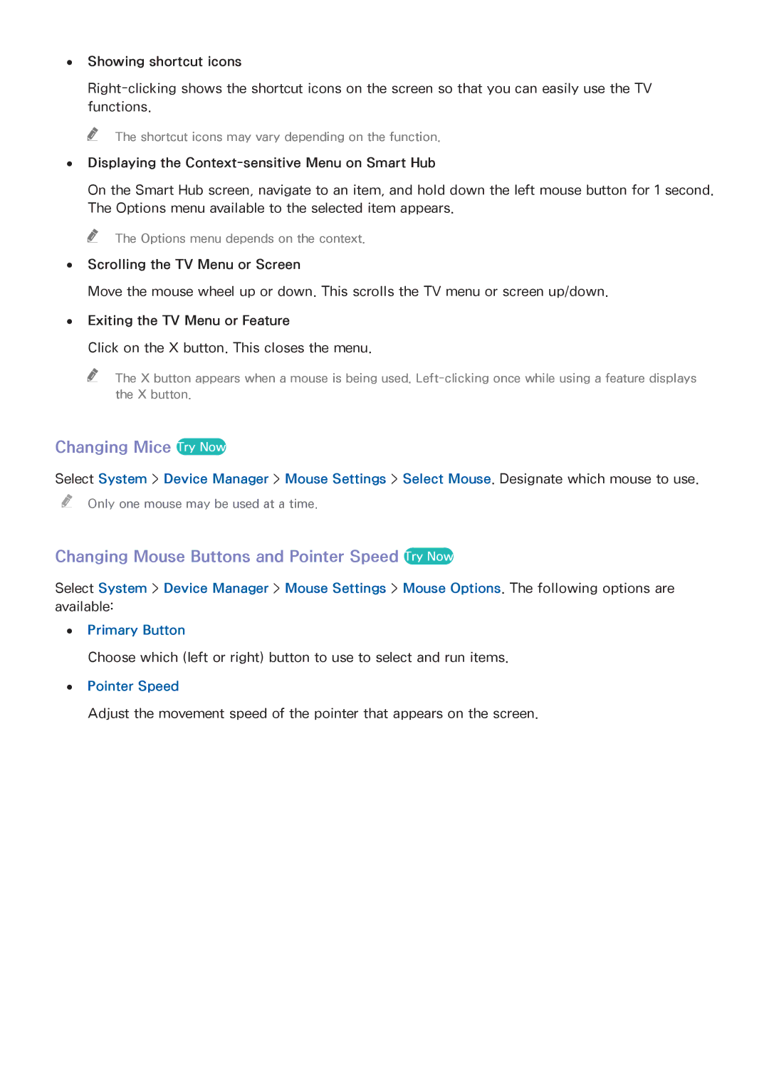 Samsung UE40H6740SVXZG manual Changing Mice Try Now, Changing Mouse Buttons and Pointer Speed Try Now, Primary Button 