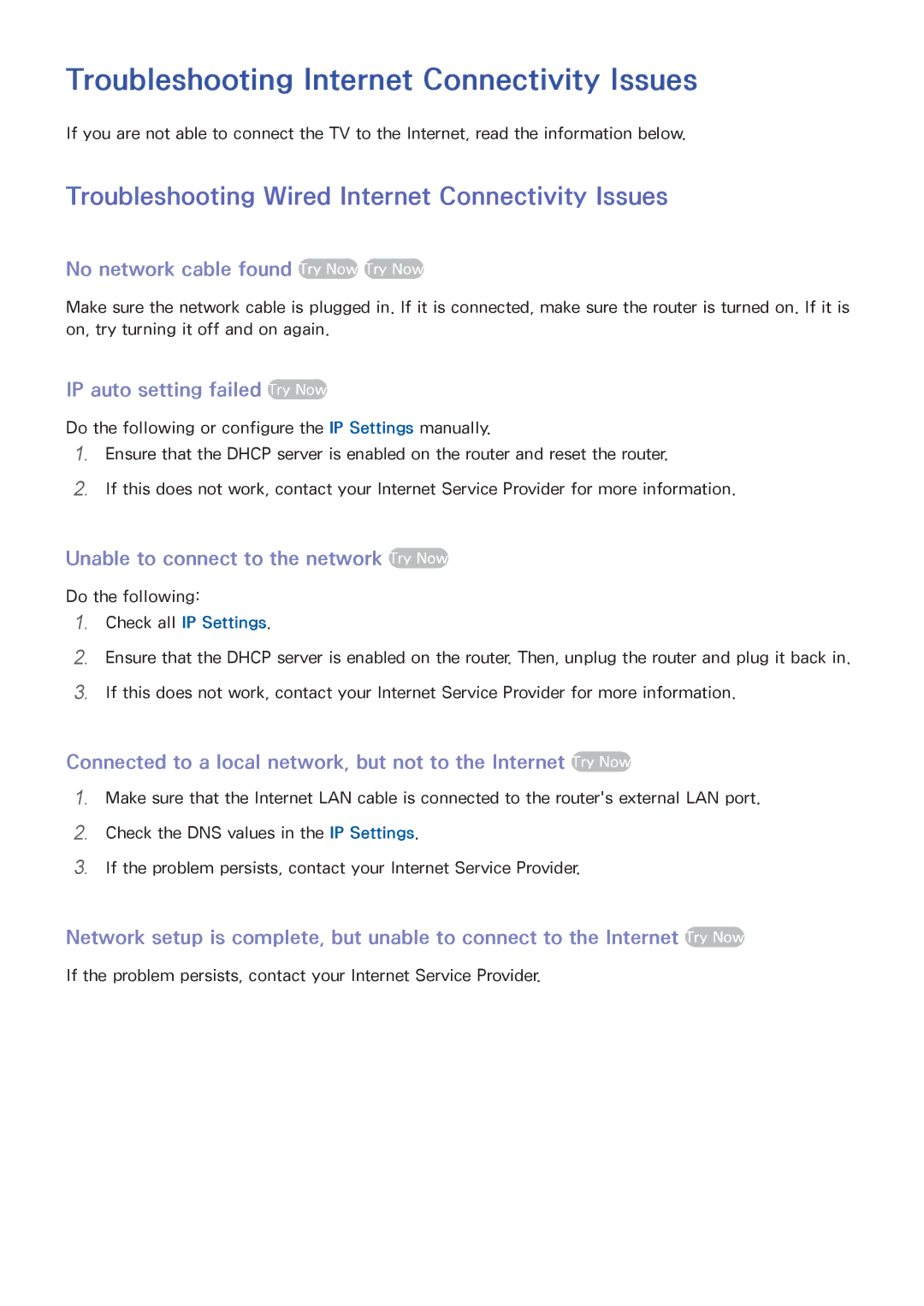 Samsung UE40H6620SVXZG Troubleshooting Internet Connectivity Issues, Troubleshooting Wired Internet Connectivity Issues 