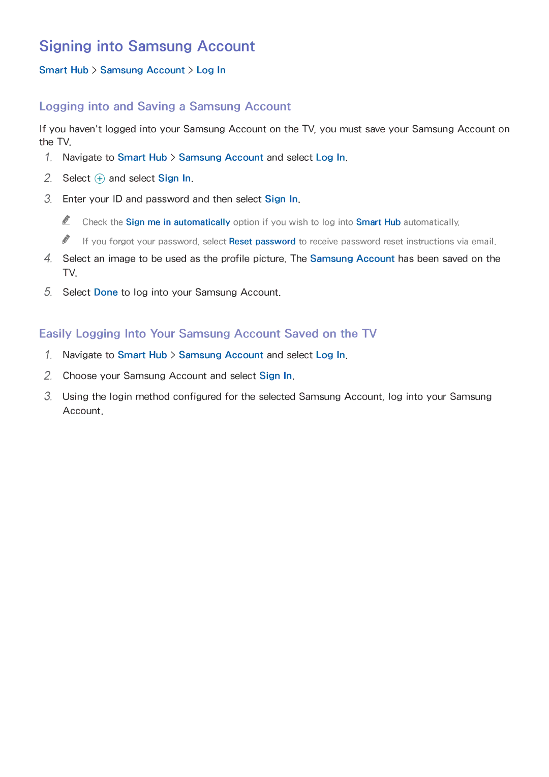 Samsung UE48H6770SVXZG, UE40H6620SVXZG manual Signing into Samsung Account, Logging into and Saving a Samsung Account 