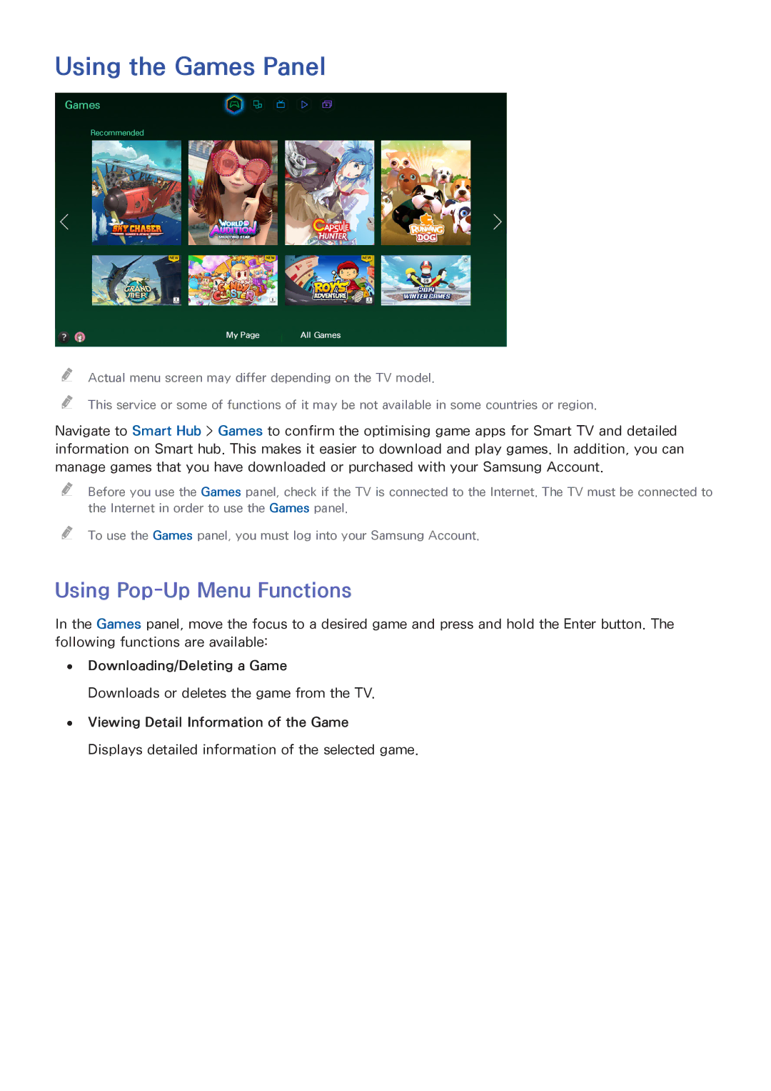 Samsung UE46H7080SVXZG, UE40H6620SVXZG Using the Games Panel, Using Pop-Up Menu Functions, Downloading/Deleting a Game 