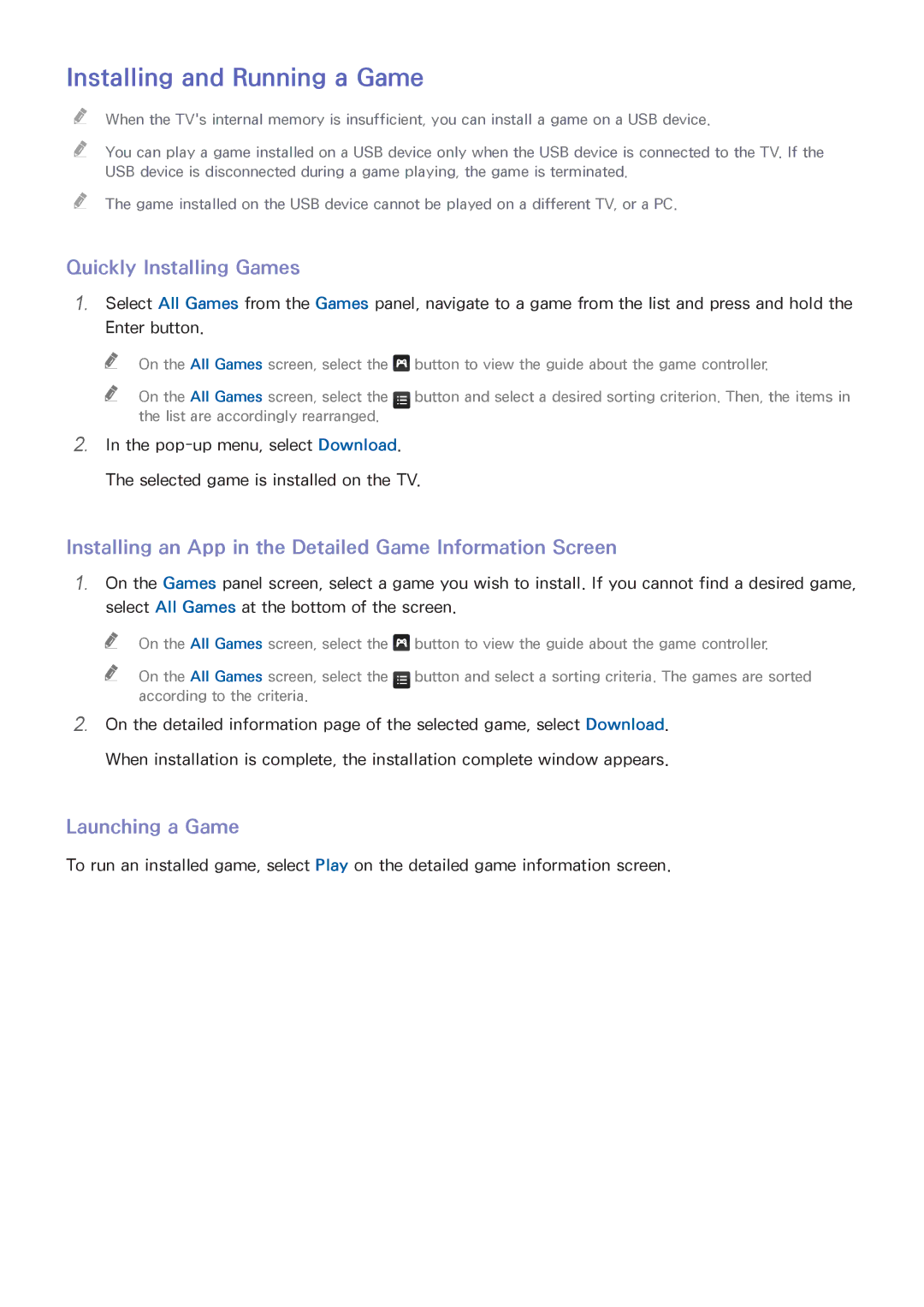 Samsung UE55H6690SVXZG, UE40H6620SVXZG manual Installing and Running a Game, Quickly Installing Games, Launching a Game 