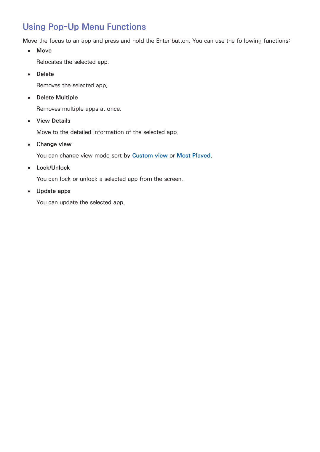Samsung UE55H6590SVXZG, UE40H6620SVXZG manual Move, Delete Multiple, View Details, Change view, Lock/Unlock, Update apps 