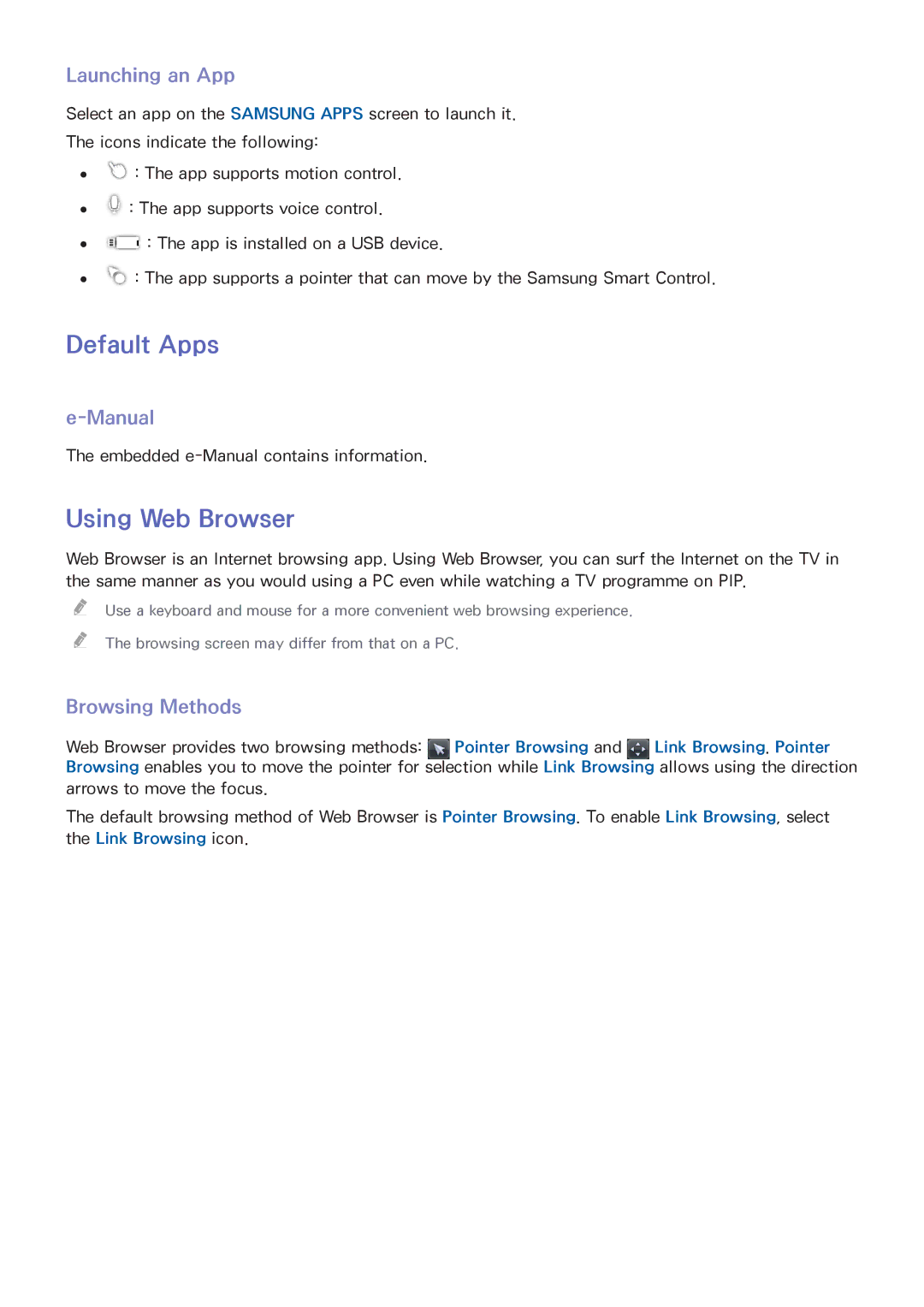 Samsung UE55H6770SVXZG manual Default Apps, Using Web Browser Web Browser, Launching an App, Manual, Browsing Methods 