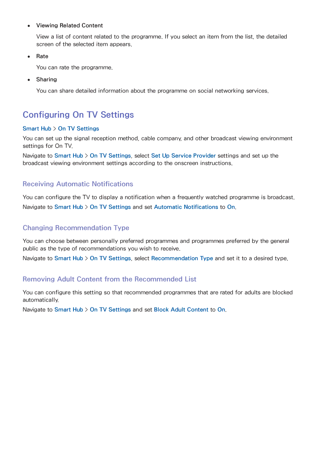 Samsung UE60H7005SQXXE manual Configuring On TV Settings, Receiving Automatic Notifications, Changing Recommendation Type 