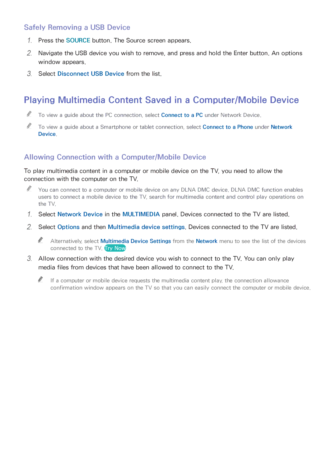 Samsung UE60H7090SVXZG, UE40H6620SVXZG Safely Removing a USB Device, Allowing Connection with a Computer/Mobile Device 