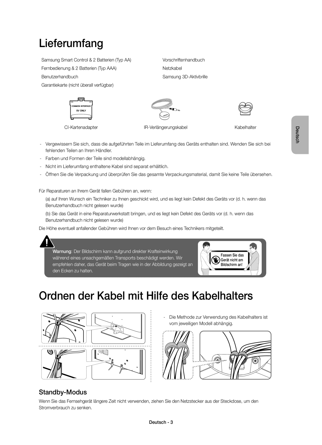 Samsung UE55H6500SZXZT, UE40H6670SZXZT manual Lieferumfang, Ordnen der Kabel mit Hilfe des Kabelhalters, Standby-Modus 