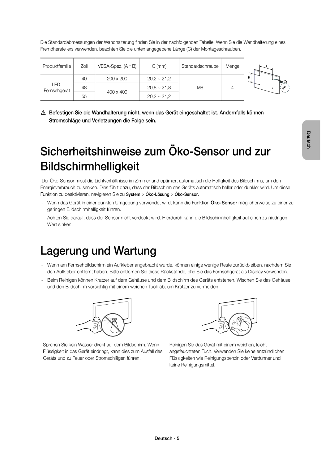 Samsung UE48H6670SZXZT, UE40H6670SZXZT, UE48H6640SZXZT, UE55H6500SZXZT manual Lagerung und Wartung, Produktfamilie Zoll, Menge 