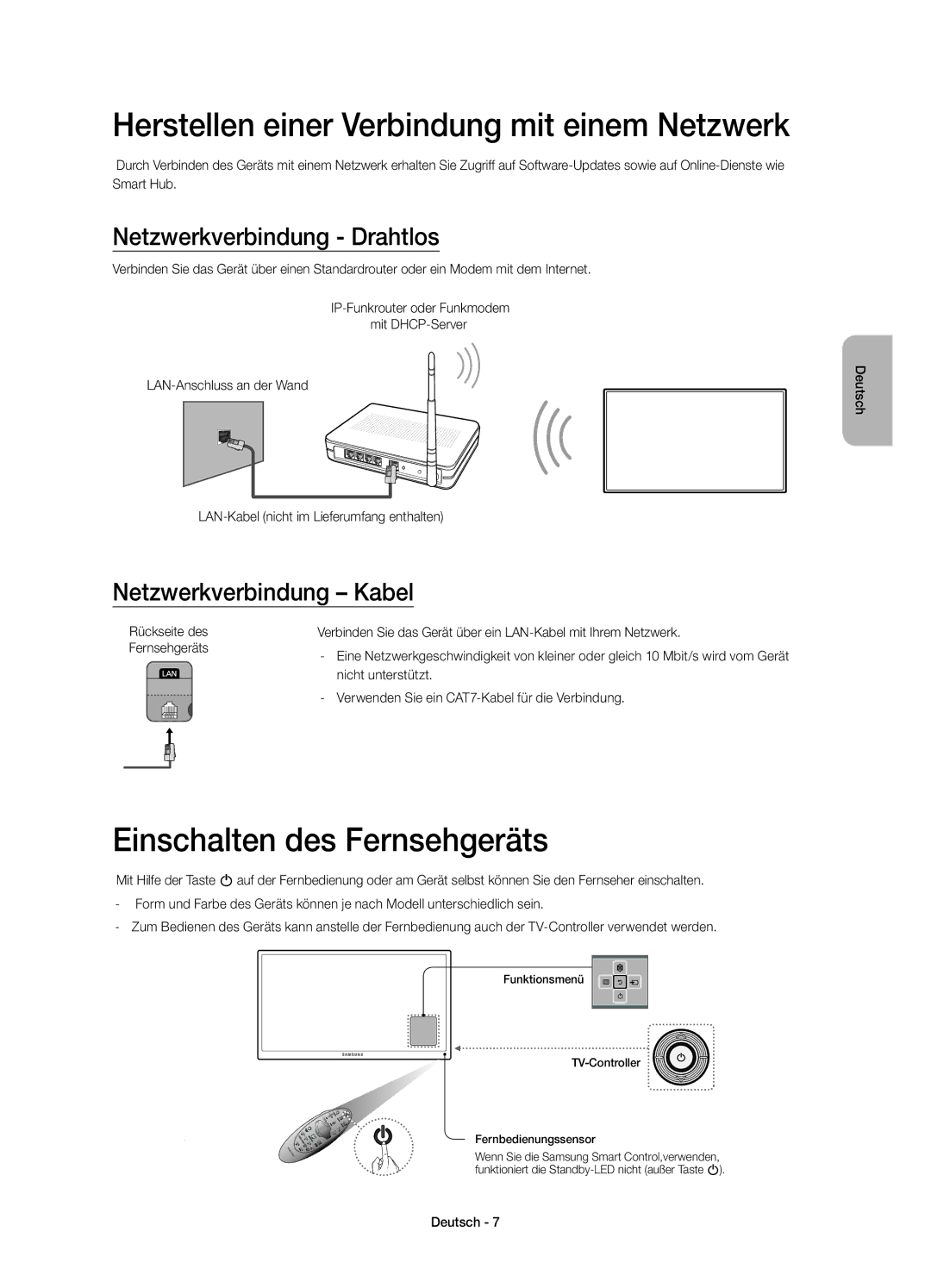 Samsung UE48H6500SZXZT, UE40H6670SZXZT manual Herstellen einer Verbindung mit einem Netzwerk, Einschalten des Fernsehgeräts 