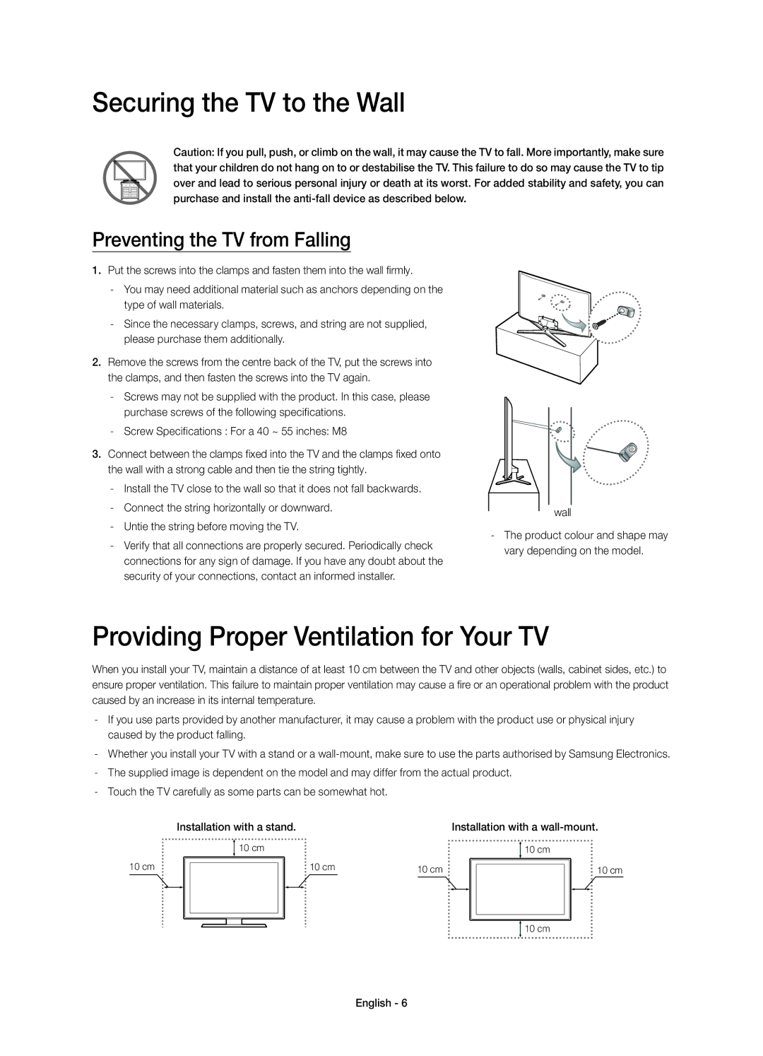 Samsung UE48H6500SZXZT, UE40H6670SZXZT manual Securing the TV to the Wall, Providing Proper Ventilation for Your TV 