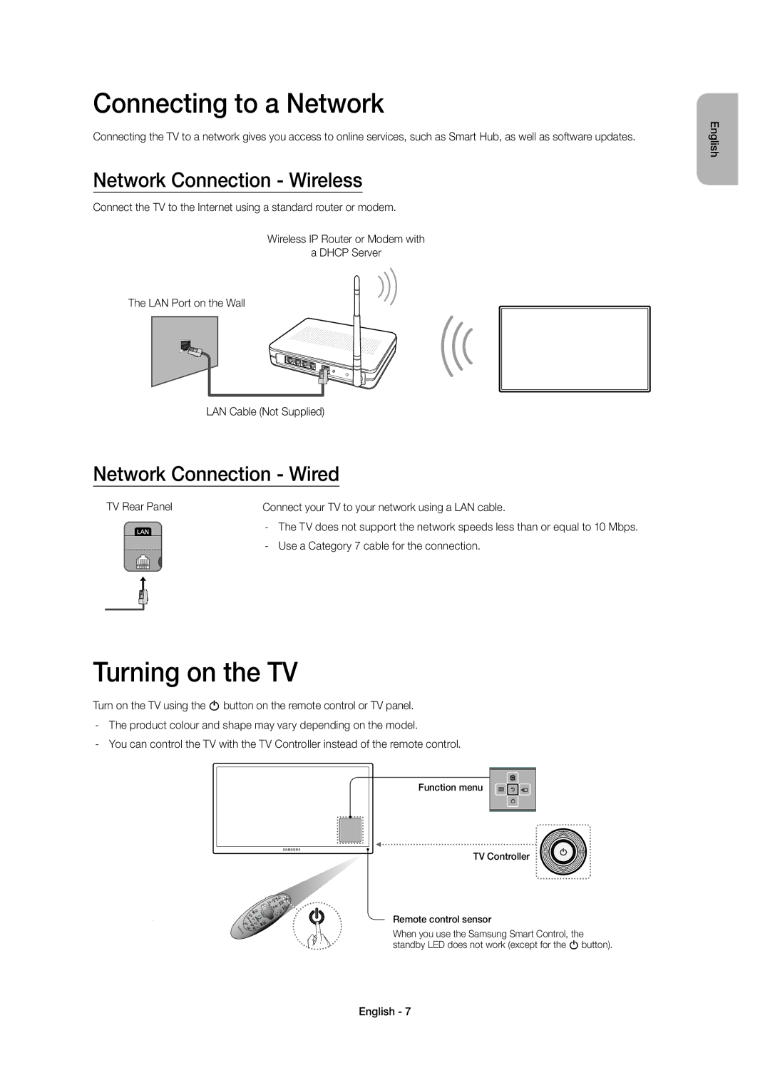 Samsung UE40H6640SZXZT Connecting to a Network, Turning on the TV, Network Connection Wireless, Network Connection Wired 