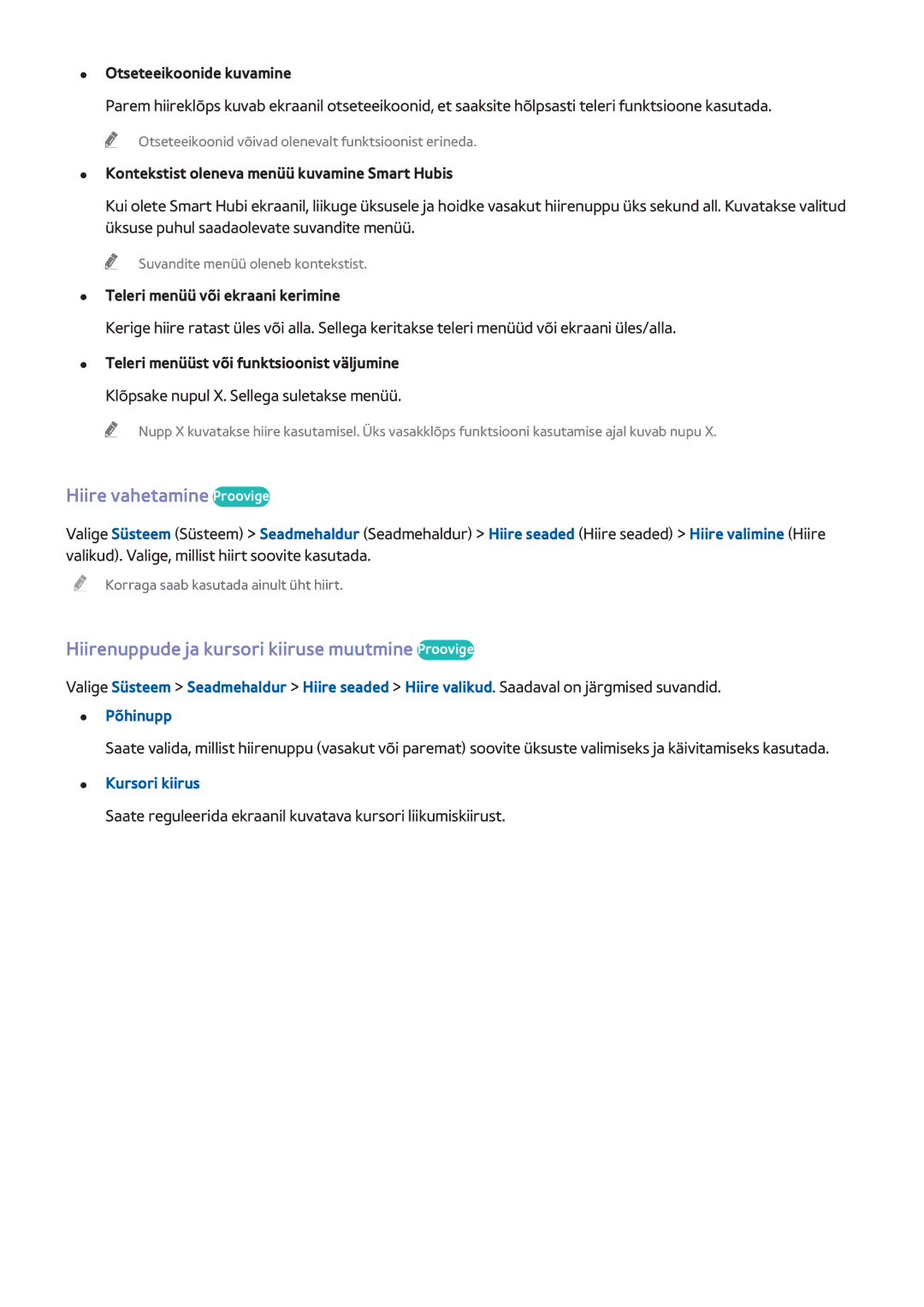 Samsung UE40H6690SVXZG manual Hiire vahetamine Proovige, Hiirenuppude ja kursori kiiruse muutmine Proovige, Kursori kiirus 