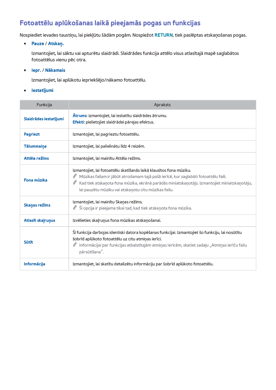 Samsung UE40H6690SVXZG manual Fotoattēlu aplūkošanas laikā pieejamās pogas un funkcijas, Pauze / Atskaņ, Iepr. / Nākamais 