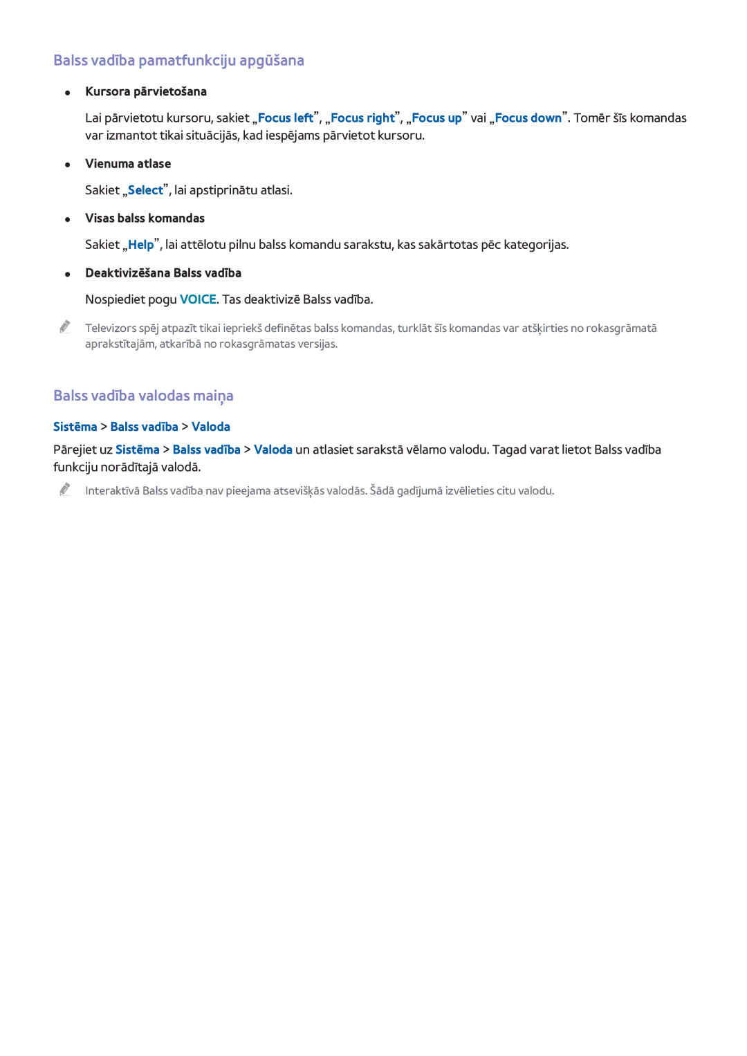 Samsung UE40H6690SVXZG manual Balss vadība pamatfunkciju apgūšana, Balss vadība valodas maiņa, Sistēma Balss vadība Valoda 