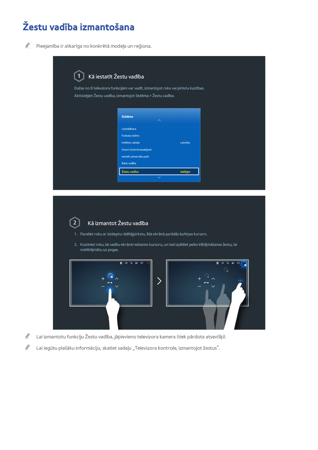 Samsung UE40H6690SVXZG manual Žestu vadība izmantošana, Kā iestatīt Žestu vadība 