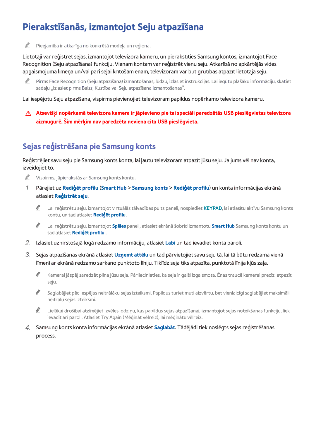 Samsung UE40H6690SVXZG manual Pierakstīšanās, izmantojot Seju atpazīšana, Sejas reģistrēšana pie Samsung konts 