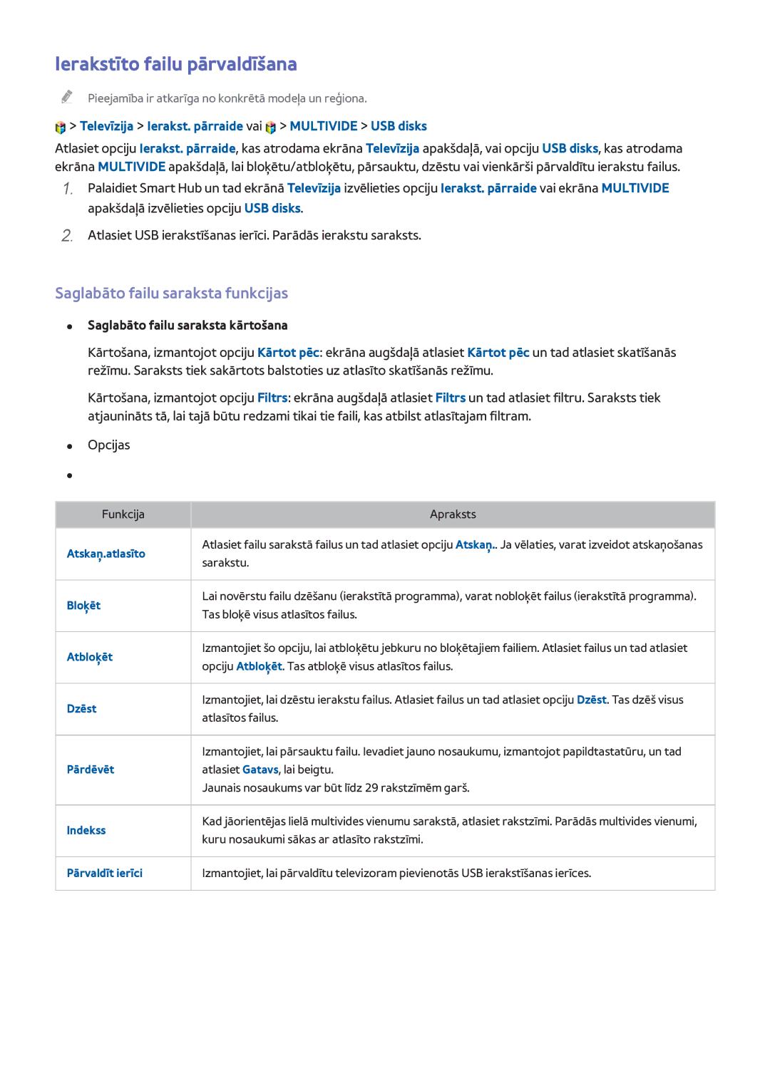 Samsung UE40H6690SVXZG manual Ierakstīto failu pārvaldīšana, Saglabāto failu saraksta funkcijas 