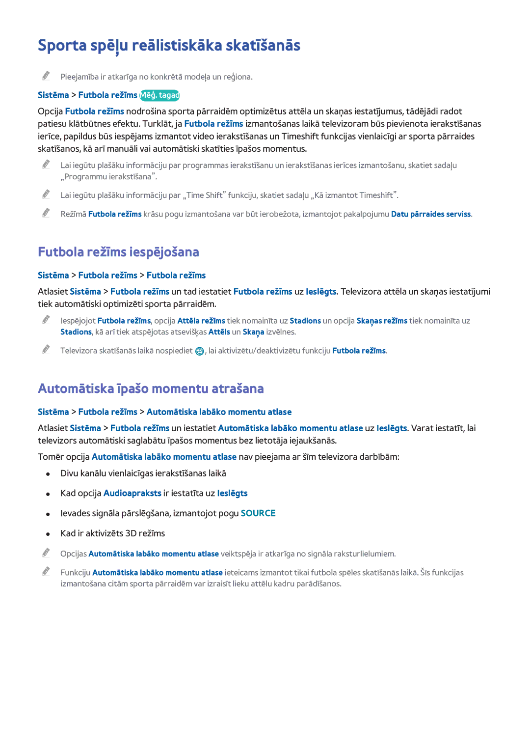 Samsung UE40H6690SVXZG manual Sporta spēļu reālistiskāka skatīšanās, Futbola režīms iespējošana 