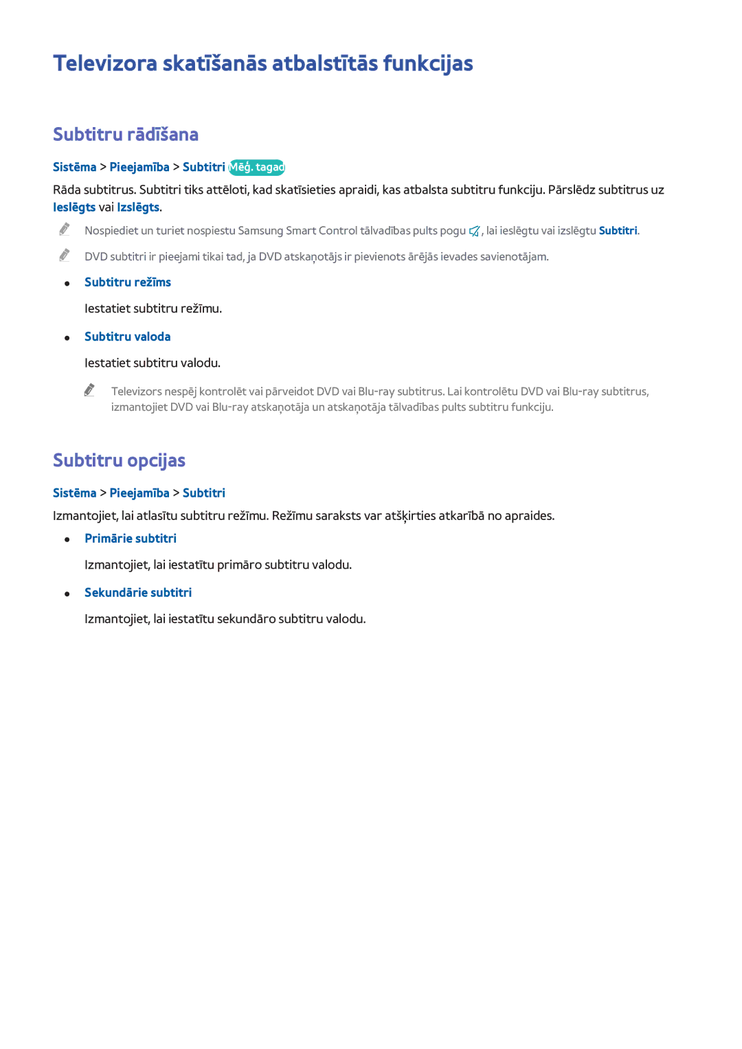 Samsung UE40H6690SVXZG manual Televizora skatīšanās atbalstītās funkcijas, Subtitru rādīšana, Subtitru opcijas 