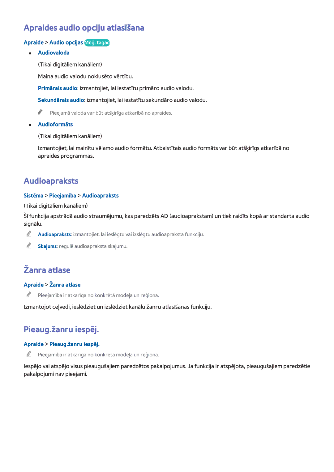 Samsung UE40H6690SVXZG manual Apraides audio opciju atlasīšana, Audioapraksts, Žanra atlase, Pieaug.žanru iespēj 